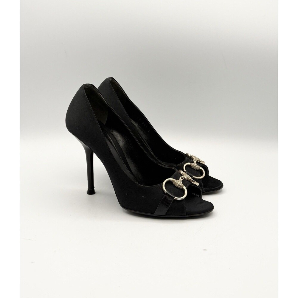 Gucci Black Satin Peep Toe Heels Silver Rhinestone Horsebit Accent Size EU 36.5